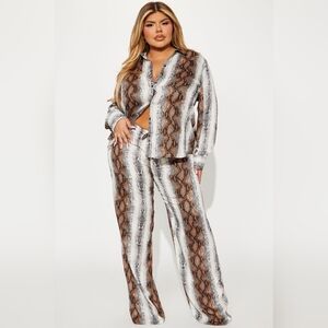 Fashion Nova Snake Print Button-Up Top & Wide Leg Pants Set - Brown/White